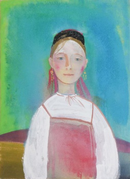 На зелено-голубом фоне - поясное изображение девушки в красном сарафане и белой кофте.