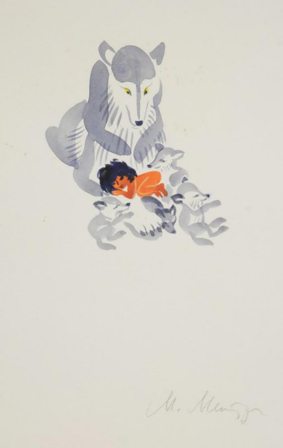 В центре композиции изображена сидящая  волчица, и лежащие около нее Маугли, четыре волчонка.