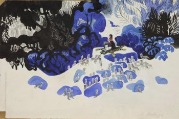На фоне черно-синего пейзажа, на возвышении, в окружении сидящих волков изображен Маугли с животными на шкуре тигра.