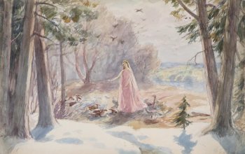 Изображена девушка в розовом платье, на голове зеленый венок; вокруг девушки гуси и утки. Слева и справа - деревья, на земле лежит не растаявший снег. Вдали - река, зеленый берег. В небе - птицы.