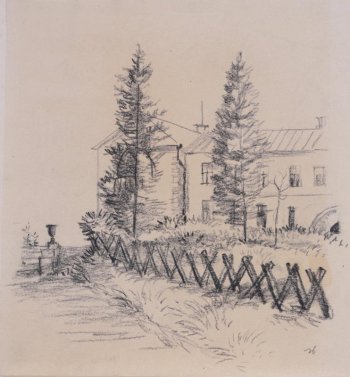 Изображен  каменный дом с правой стороны на втором плане. Перед домом садик и две сосны. Слева на тумбе стоит ваза для цветов.
