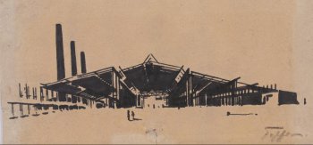 Изображен один из цехов уральского машиностроительного завода. Цех большой крытый плоской широкой крышей - застекленной. На левой стороне из-за крыши видны три заводские трубы.