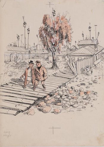 Изображен на переднем плане упавший забор, по которому идут два разговаривающих мужчины. Немного дальше, изображено дерево со скворечниками.