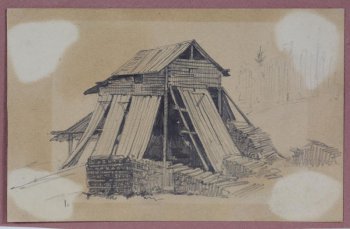 Изображен сарай под дощатой крышей на два ската. Две стены сарая загорожены неплотно дощатыми щитами. С двух сторон - поленницы дров.