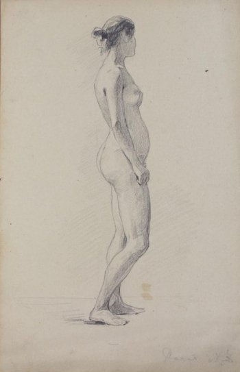Изображена в рост обнаженная женщина в правый профиль. Голова повернута влево. Руки опущены вдоль туловища. Правая нога полусогнута в колене.
