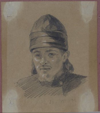 Изображен молодой мужчина поплечно в четверть оборота влево с небольшими усами и бородой. Волосы до плеч. На голове скуфья.
