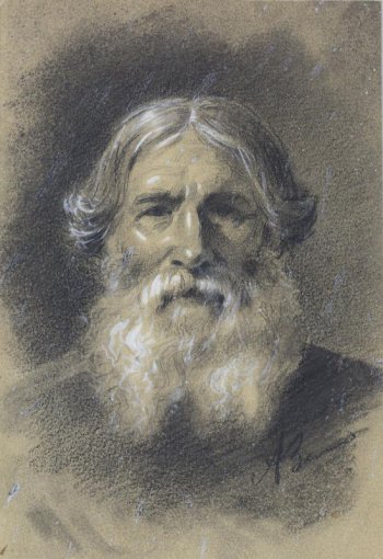 Изображен погрудно, лицом к зрителю, старик с седой бородой, прямым носом; волосы на прямой пробор под 