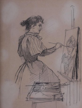 Изображена женщина перед мольбертом в правый профиль, правой рукой рисующая женский портрет. На переднем плане - раскрытый этюдный ящик.