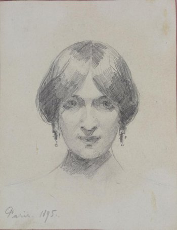 Изображена голова молодой женщины лицом к зрителю с темными глазами, прямым крупным носом, плотно сжатыми губами. Волосы на прямой пробор, зачесаны низко, закрывая часть бровей. В ушах серьги.
