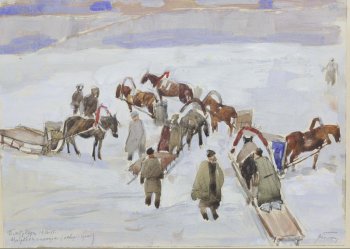 Вид сверху. В центре композиции на льду изображены семь лошадей, запряженных в сани, рядом возницы. Справа вдали - силуэт человека.