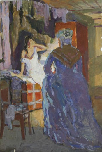 В интерьере комнаты на первом плане справа со спины изображена женщина в синем платье, слева - стул. На втором плане изображена сидящая в постели женщина в ночной рубашке.