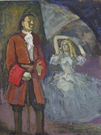 Слева на первом плане изображен в рост Петр I, опирающийся на трость; слева на втором плане - белокурая женщина в светлом платье, руки подняты над головой.