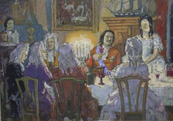 В интерьере комнаты с картиной на стене и шкафом с макетом парусника справа,  в центре композиции за столом изображены пятеро мужчин и две женщины; слева на втором плане - мужчина с подносом.