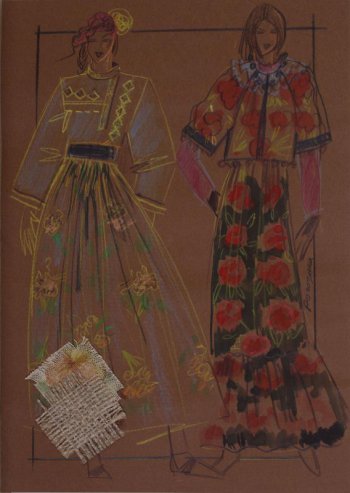 На коричневой бумаге два женских комплекта :  из длинной широкой юбки с желтыми цветами и блузки 