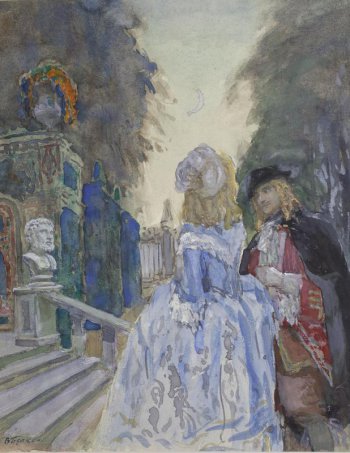 В парке справа на первом плане спиной к зрителю изображена белокурая женщина в светлом платье, рядом с ней в повороте влево мужчина. Слева изображена лестница, балюстрада, скульптура.