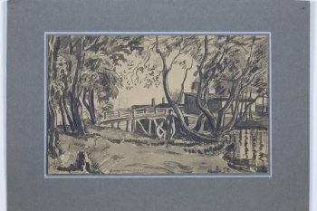 На опушке парка, возле деревьев у водоема,  изображены два обнаженных мужчины: один стоит, другой  сидит. Слева на заднем плане - мост и виднеющиеся за ним строения.