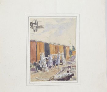 Слева изображены вагоны, приставленные к ним доски, две женщины, несущие на плечах бревно. Справа лежат бревна.