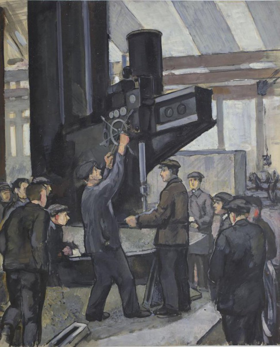 Изображен заводской цех; в центре композиции у станка - группа рабочих в спецовках и кепках.
