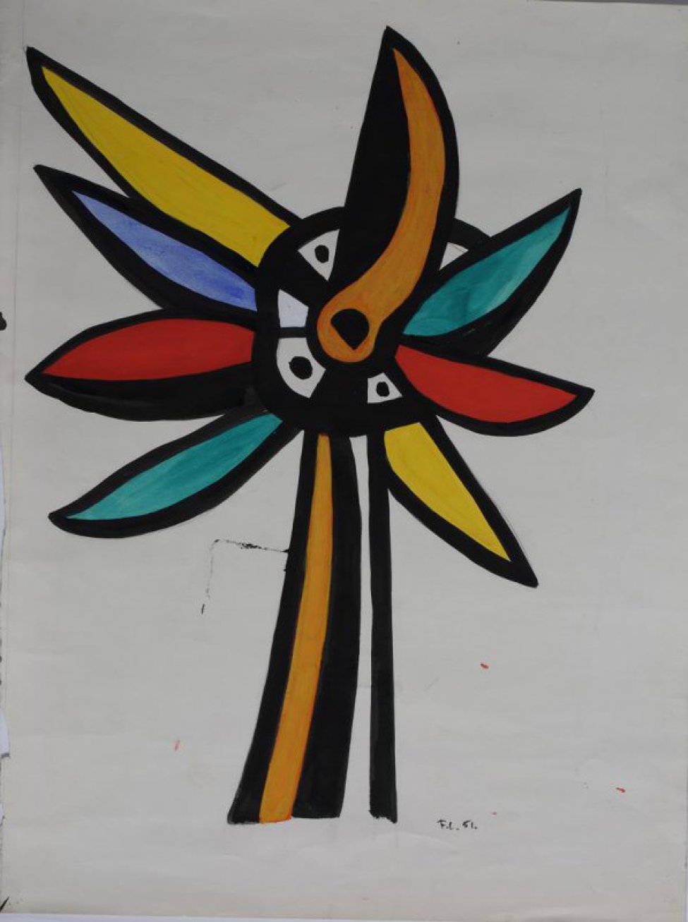 Стилизованное изображение цветка с восемью лепестками зеленого, красного, синего, желтого и оранжевого цветов, обведенных черным цветом.