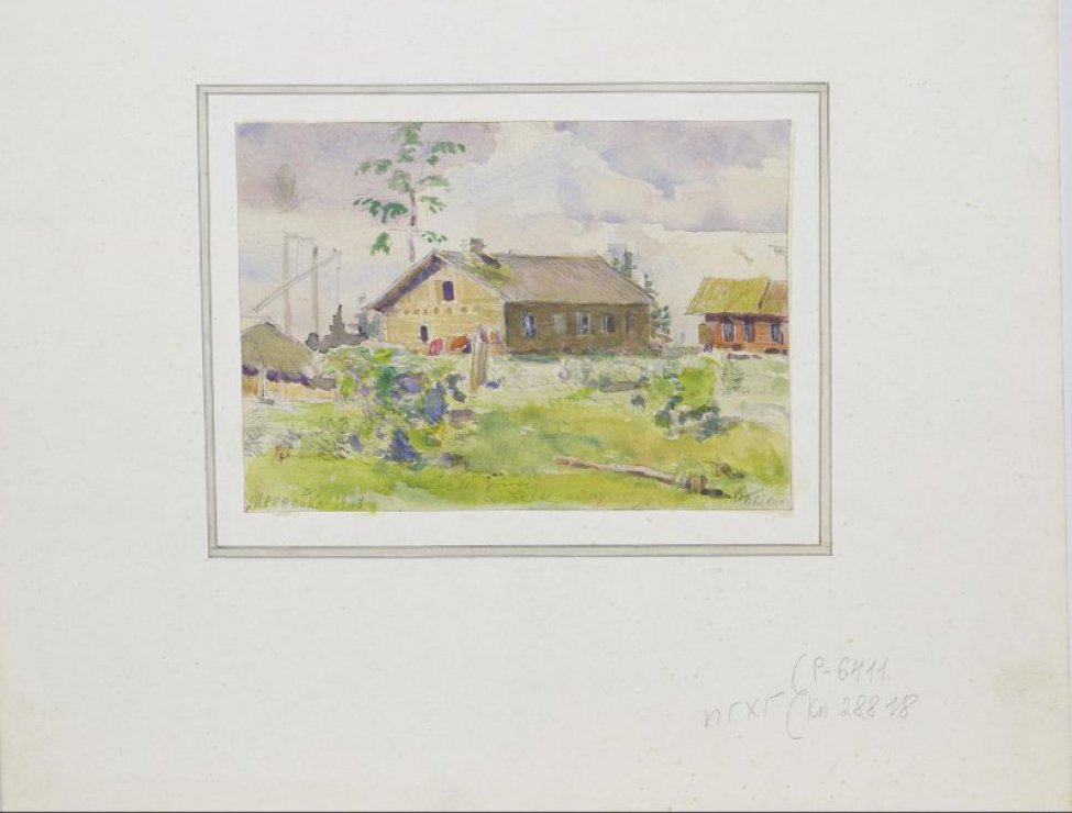На первом плане зеленая поляна, слева цветущие кусты. На втором плане  на фоне серо-голубого неба - посередине деревянный дом, за ним высокое дерево;  слева и справа фрагменты домов.