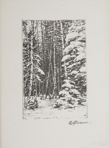 Зимний лесной пейзаж. На переднем плане правым краем листа срезано изображение заснеженной ели. В правом нижнем углу- 