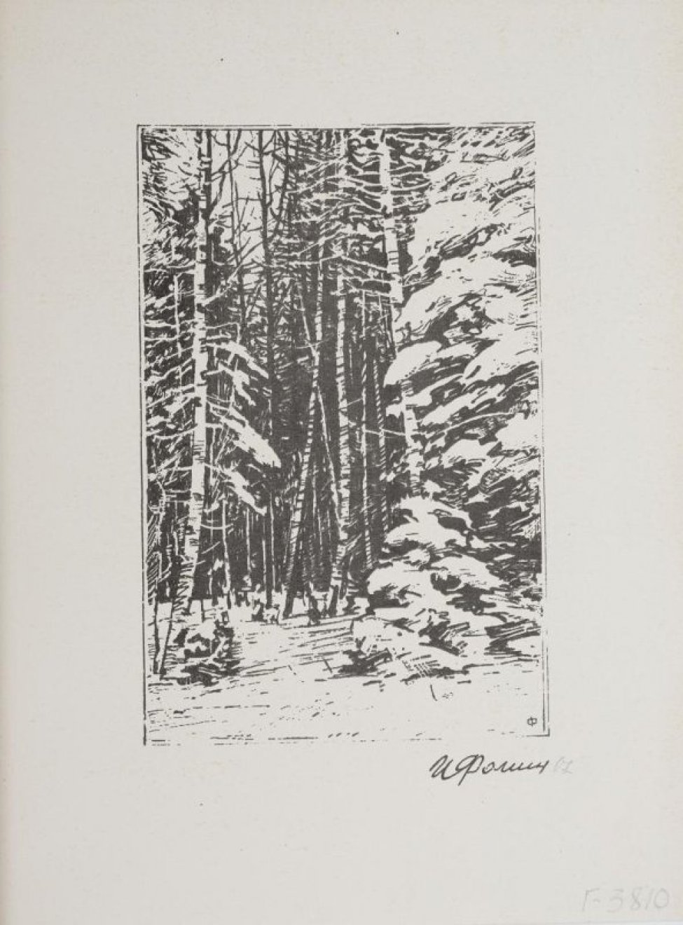 Зимний лесной пейзаж. На переднем плане правым краем листа срезано изображение заснеженной ели. В правом нижнем углу- " Ф ".
