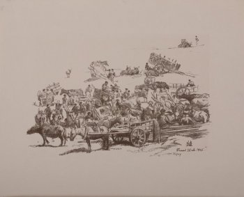 На переднем плане в центре изображен осел, запряженный в арбу, левее буйвол, дальше (выше) толпа сидящих и стоящих людей среди распряженных повозок.