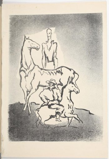 В центре изображен в пол-оборота сидящий на ослике мужчина. Руки на поясе, на голове шляпа. На втором плане - конь и изображенный за ним победренно мужчина в фас.