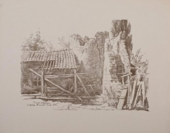Руины башни цитадели и рядом слева - полуразрушенная деревянная постройка. (Повторение третьего листа из этого же альбома но не черным, а коричневым цветом).