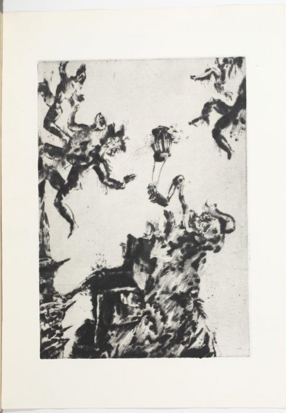 В левой части композиции, вверху и внизу, изображены фигуры бегущих людей. Справа - крупная фигура скелета в бесформенной темной одежде. В его руках - фонарь.