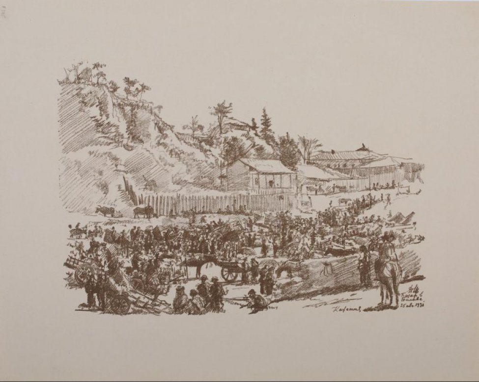 Изображена толпа людей, среди них стоят распряженные арбы. Далее на заднем плане слева - склон горы, у подножия которой - забор, правее - дома и деревья.