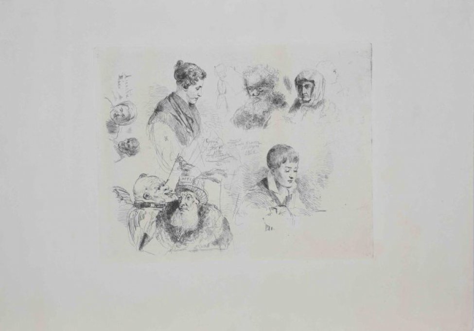 На гравюре изображены отдельные группы: справа вверху голова старика и старухи; под ними головка мальчика; слева вверху погрудное изображение в профиль вправо женщины. Внизу изображены два старика с надписью на них:"фарисей" и "чортъ Иванычь"