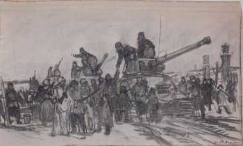 На первом плане изображена группа танкистов и крестьян, четыре танка; слева - колодец.