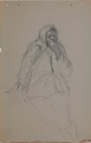 Поколенное изображение плачущей женщины в платке, левая рука поднята к лицу.