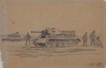 В центре композиции изображен на дороге танк, группа военных. Вдали слева - танк.