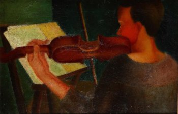 Дано со спины поясное изображение молодой женщины (лицо в профиль) со скрипкой в руке и на плече перед листом на пюпитре.