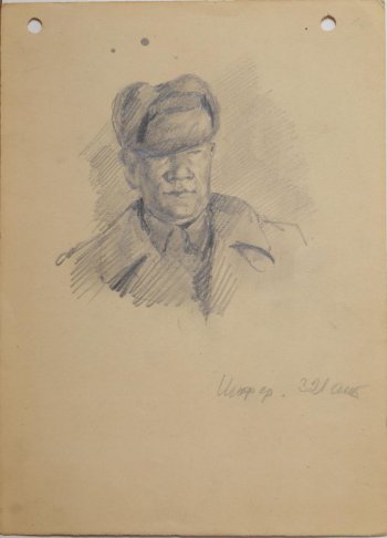 Погрудное изображение мужчины средних лет в шапке, надвинутой на глаза, шинели; корпус в легком повороте вправо.