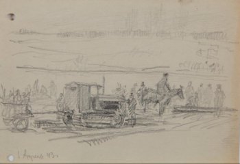 В центре композиции на дороге изображен трактор, всадник на лошади, группа военных.