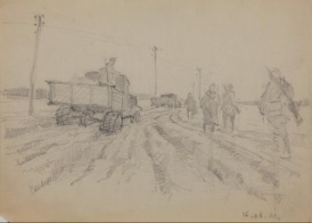 Изображена дорога, уходящая вдаль. В центре композиции - машина, застрявшая в грязи; справа - со спины группа военных.