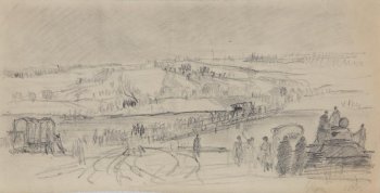 Панорамный пейзаж. На первом плане справа изображен танк, группа бойцов. В центре композиции - речка с пологими берегами, поля.