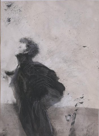 На фоне условного пейзажа с дальней линией горизонта, фонарем, птичьей стаей - поколенное изображение в профиль идущего Пушкина в плаще.
