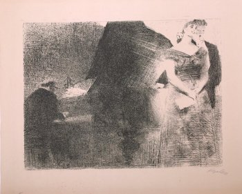 Изображены пианист, играющий на рояле с откинутой крышкой, и справа- певица в длинном платье и певец во фраке. На изображении внизу слева: к.59.