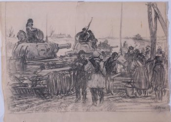 Справа на первом плане изображена группа крестьян с ведрами и танкисты у колодца. Слева - четыре танка. Вдали - дорога.