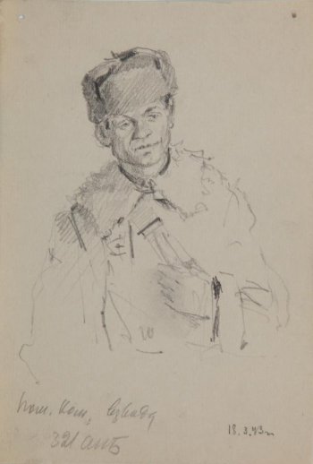 Поясное изображение мужчины средних лет в полушубке, шапке; корпус в легком повороте вправо.