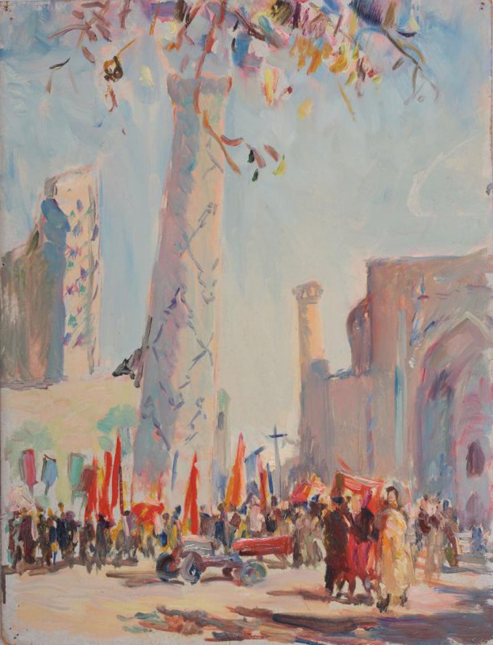 Перед мусульманскими храмами с минаретами - многофигурная композиция с флагами; в центре изображен грузовик.