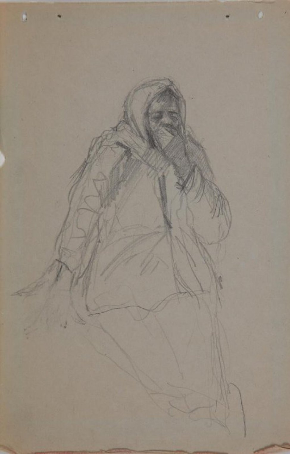 Поколенное изображение плачущей женщины в платке, левая рука поднята к лицу.