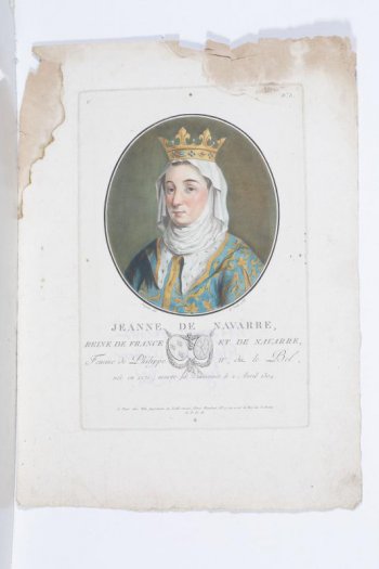 В овале погрудный портрет Жанны Наваррской, в 3/4 влево. Королева одета в голубую с золотом и горностаевым мехом одежду. На голове белое покрывало и корона. Под гравюрой два соединенных герба.