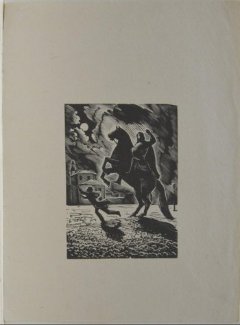 В центре композиции изображен всадник на вздыбленном коне с поднятой рукой. От него бежит человек. На втором плане помещены дома, фонарь, ночное небо покрытое тучами с луной.