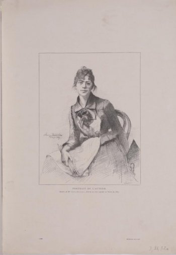 Изображает портрет художницы Былинской; она сидит на стуле, облакачиваясь правой рукой на колено; держит в руке несколько кистей; одета в темное платье и белый передник, стянутые поясом; на груди большой бант.