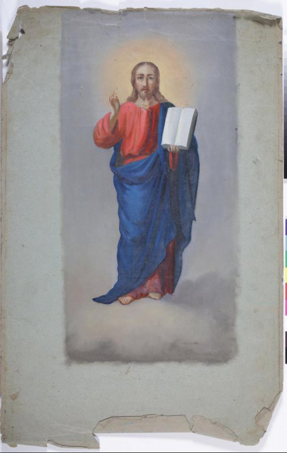 Христос изображен в рост. Благословляет правой рукой, в левой - евангелие. Изображен в синем плаще, в красной одежде.